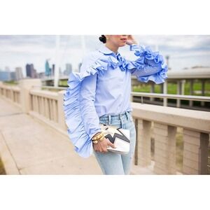 Luxe by Stylekeepers Ruffle Trim Button Down Shirt Striped Long Sleeve Statement